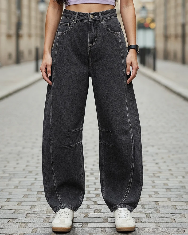 بيواكوف جينز نسائي بخصر مرتفع بلون أسود مغسول بقصة برميلية